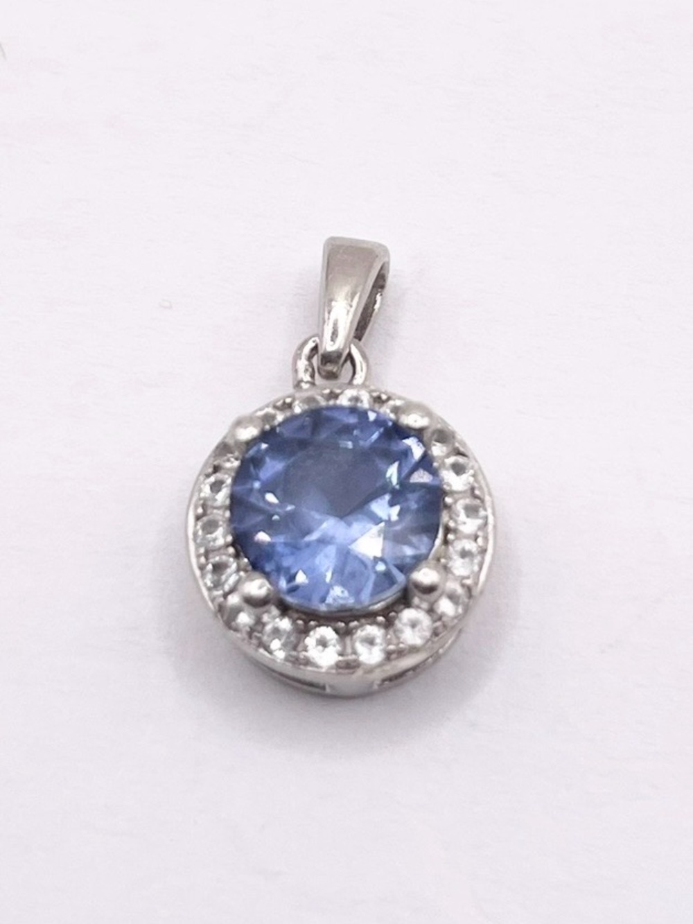 Sterling Silver Blue Sapphire , white topaz Halo Pendant